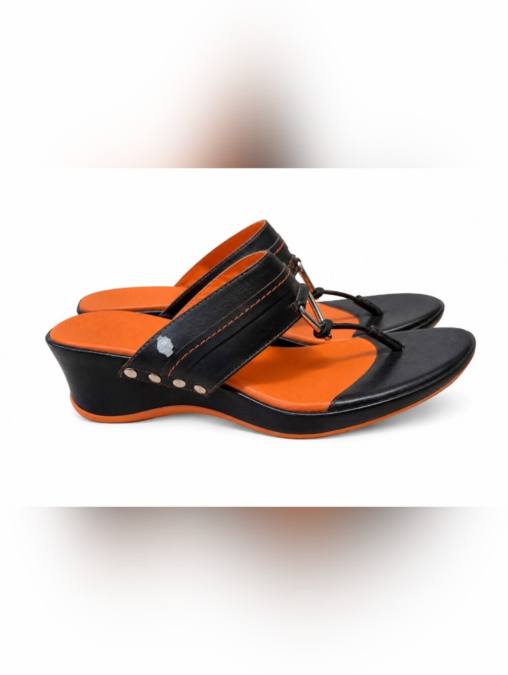 Harley-Davidson Women's Wedge Sandals Black Leather Thong Slides US 6.5 EU 37